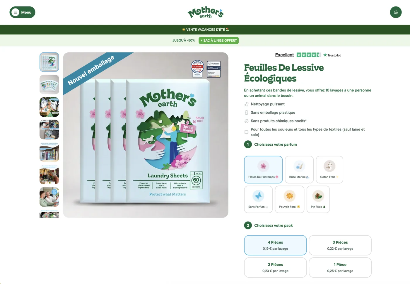 Page produit des feuilles de lessive écologiques sur mothersearth.fr, avec sélection du parfum et du format de pack